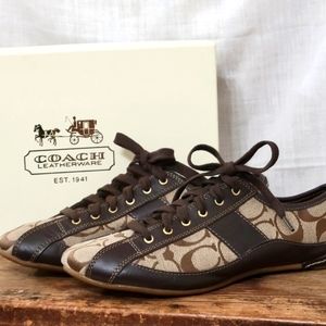 Coach Suee Signature Sneaker/Driving Shoe Brown Leather Tan Canvas Women's 7